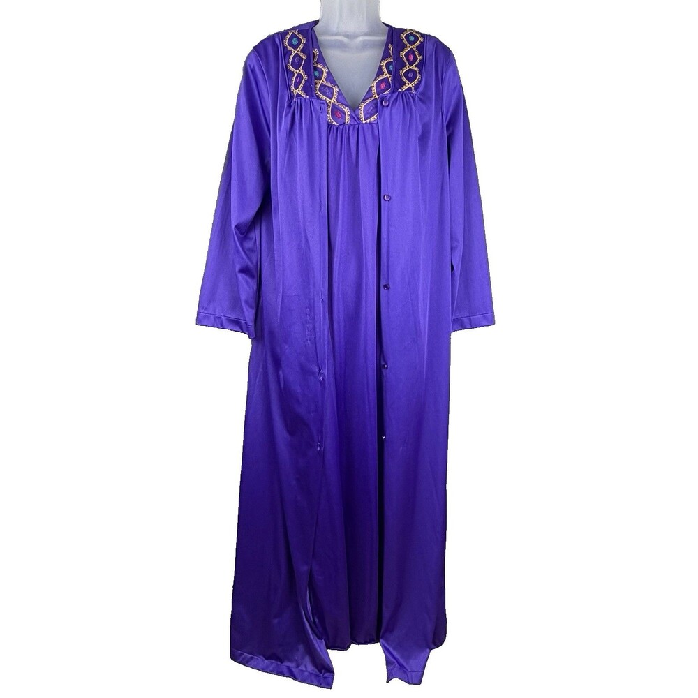 VTG 80's Vassarette Peignoir Set Small/Medium Dark Purple Jewel Tone Embroidery
